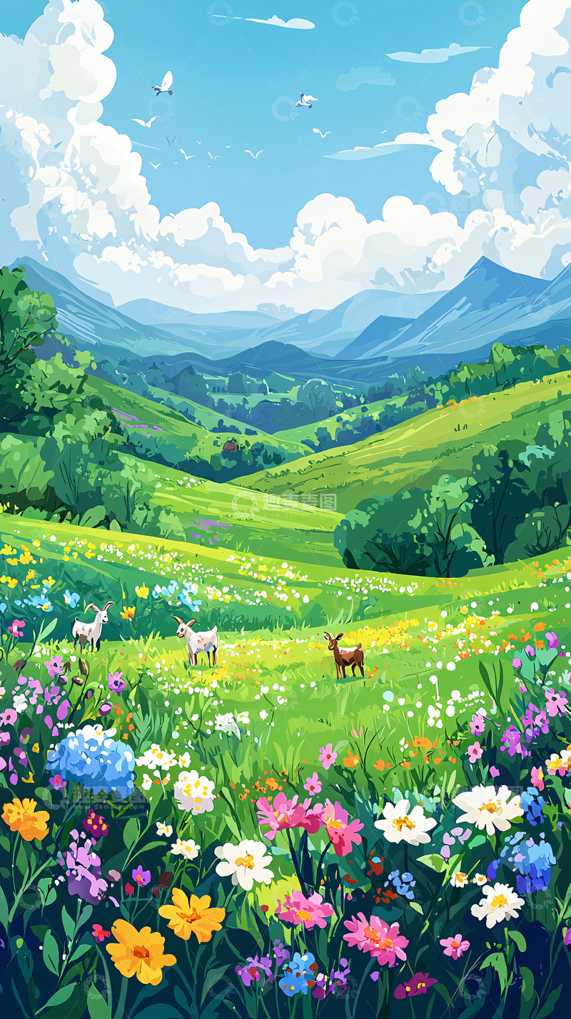 高清大图下载【趣麦麦图】绿色山谷鲜花田园