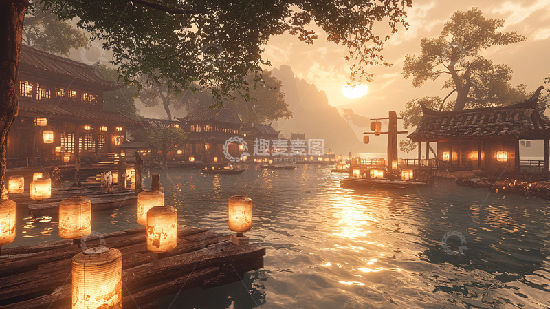 高清大图下载【趣麦麦图】水上古镇夜景灯光温暖