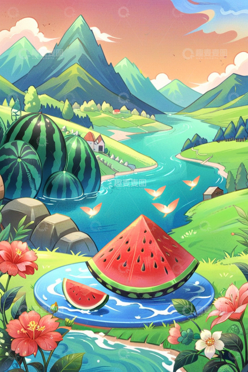 高清大图下载【趣麦麦图】夏日手绘荷花荷叶西瓜冰爽夏日海报2