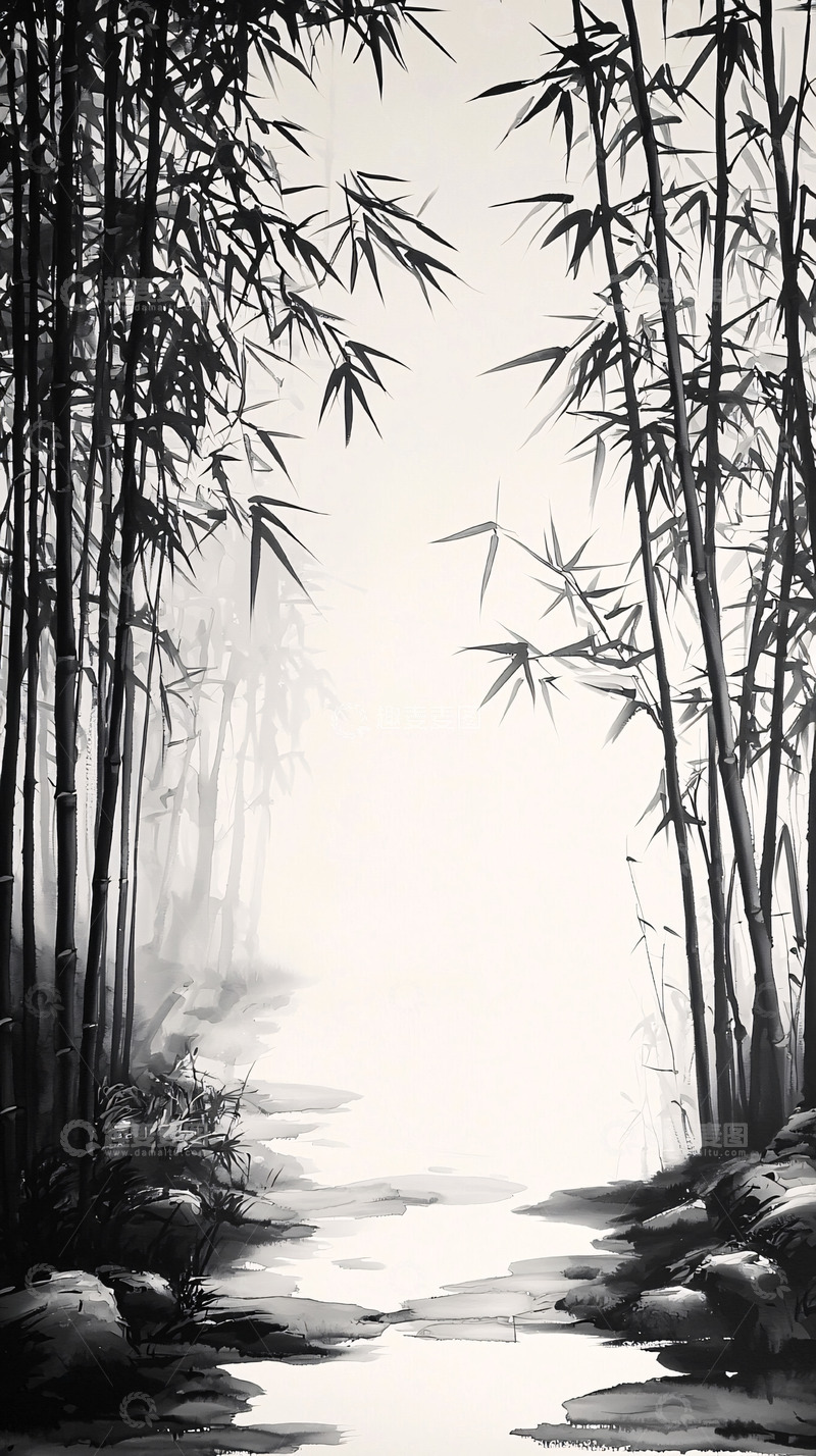 高清大图下载【趣麦麦图】水墨画竹林小溪