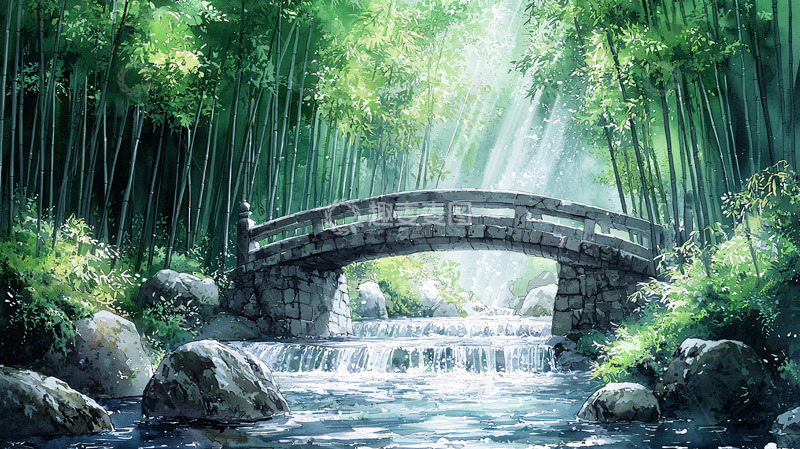 高清大图下载【趣麦麦图】竹林石桥溪流阳光
