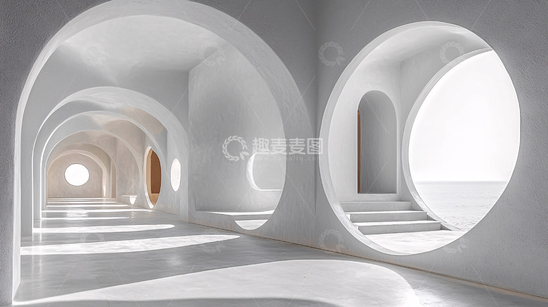高清大图下载【趣麦麦图】极简白色圆形拱门长廊