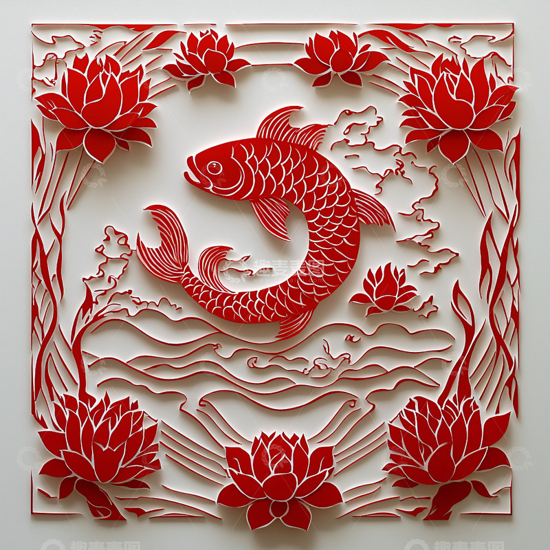 高清大图下载【趣麦麦图】红鲤鱼跃龙门剪纸