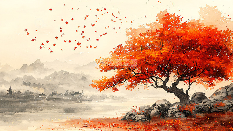 高清大图下载【趣麦麦图】秋日红枫树水墨画