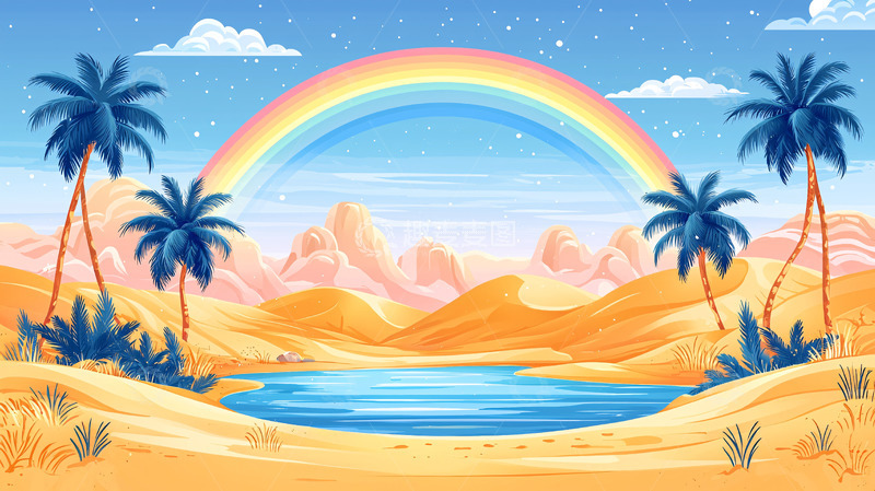 高清大图下载【趣麦麦图】沙漠绿洲彩虹图