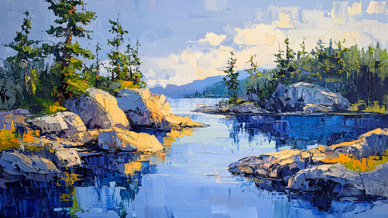 高清大图下载【趣麦麦图】宁静湖面岩石森林油画