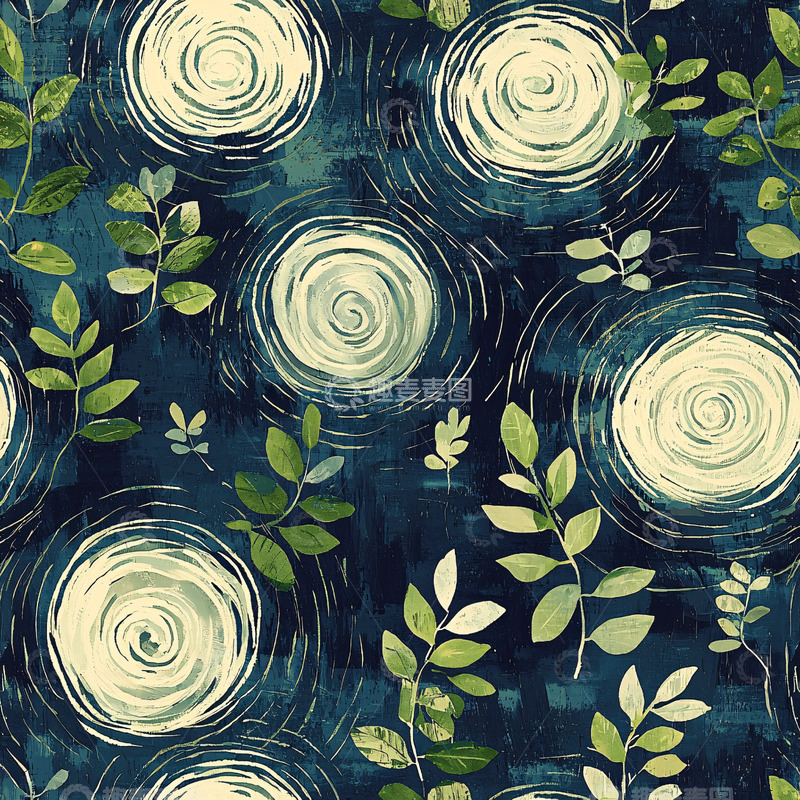 高清大图下载【趣麦麦图】深蓝色背景的植物与圆圈图案