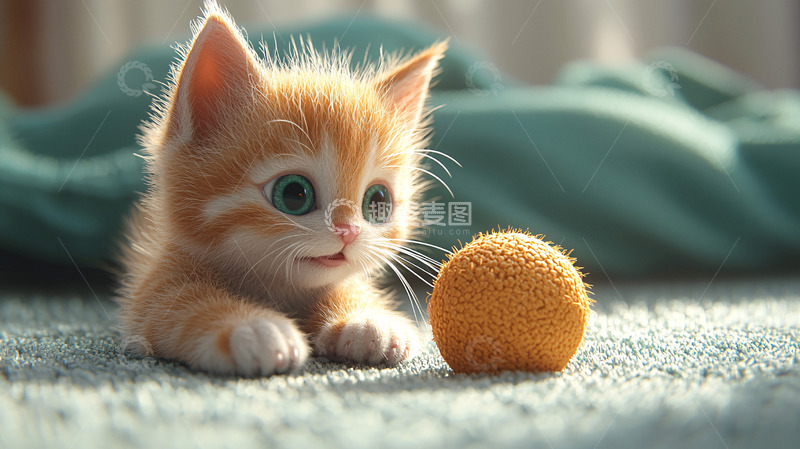 高清大图下载【趣麦麦图】可爱的小橘猫玩毛线球