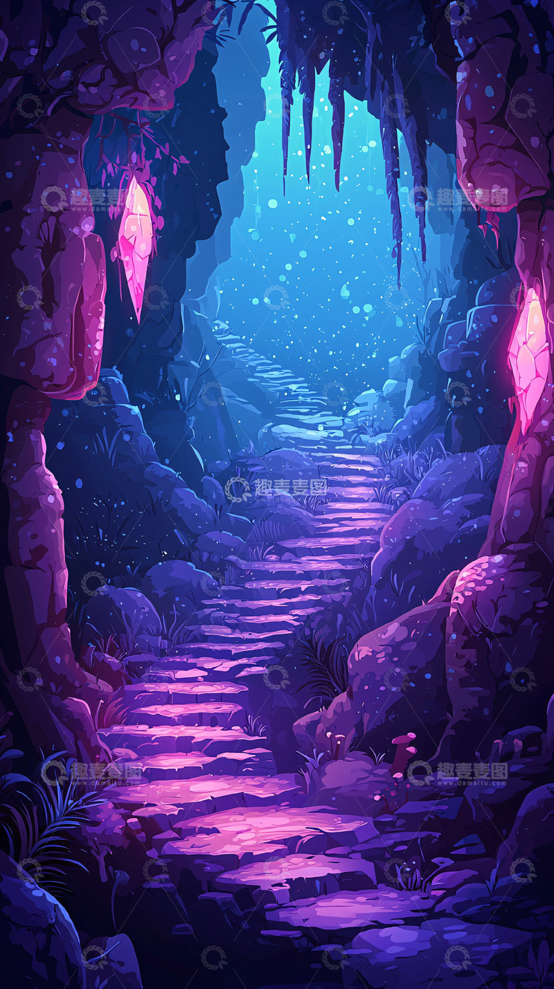 高清大图下载【趣麦麦图】梦幻紫色水晶洞穴阶梯