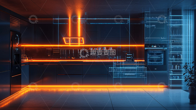 高清大图下载【趣麦麦图】未来感厨房夜景
