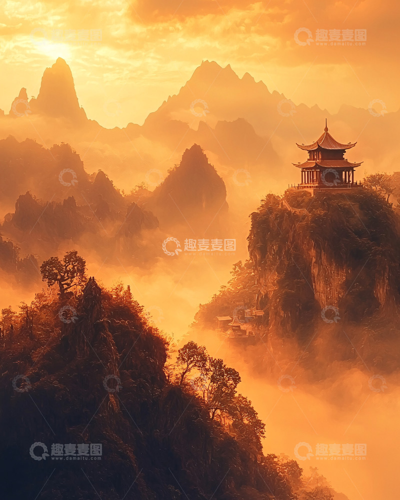 高清大图下载【趣麦麦图】日出山峰古建筑