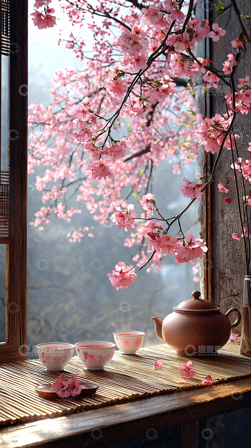 高清大图下载【趣麦麦图】窗外樱花茶壶茶杯