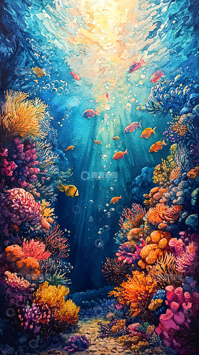 高清大图下载【趣麦麦图】水下珊瑚礁和鱼群的绘画