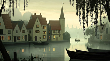 雾气弥漫的河边小镇