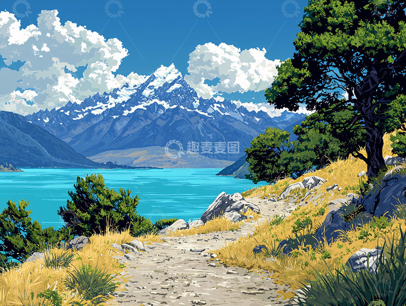 高清大图下载【趣麦麦图】蓝天白云雪山湖泊小路