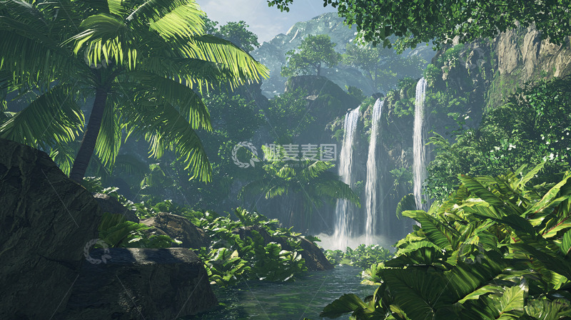 高清大图下载【趣麦麦图】热带雨林瀑布景观