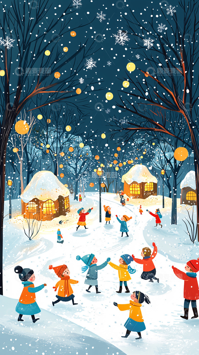 高清大图下载【趣麦麦图】冬季雪景儿童玩耍