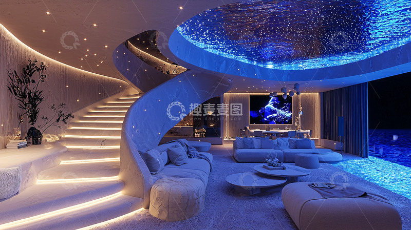 高清大图下载【趣麦麦图】梦幻蓝色星空旋转楼梯