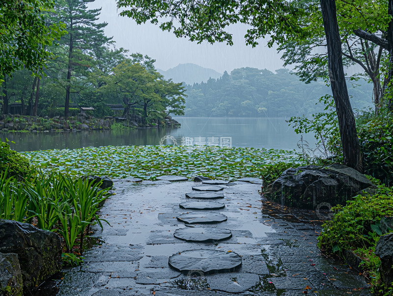 高清大图下载【趣麦麦图】雨天湖边宁静景色