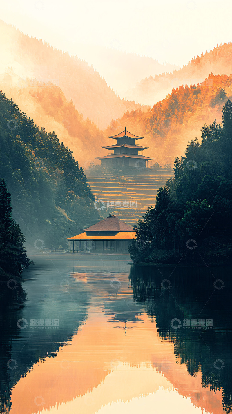 高清大图下载【趣麦麦图】山间湖畔的古寺庙