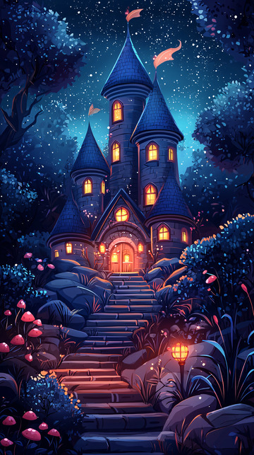 夜晚森林蓝色城堡