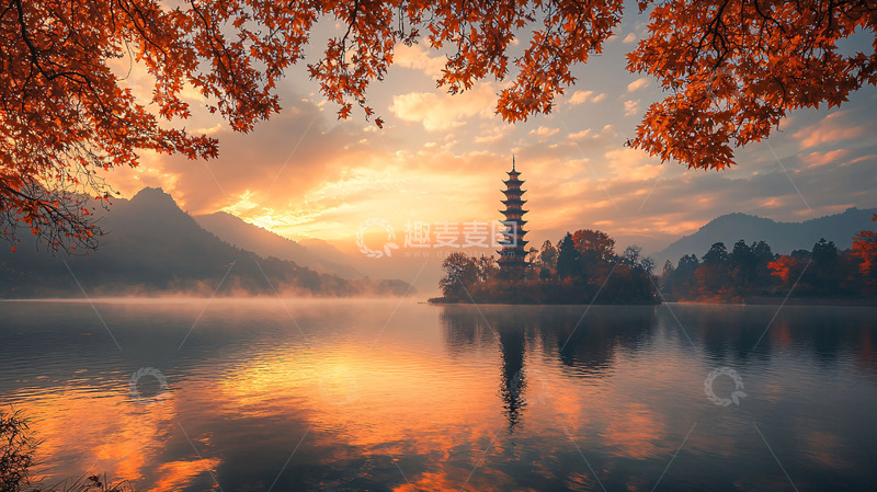 高清大图下载【趣麦麦图】秋日湖畔古塔夕阳