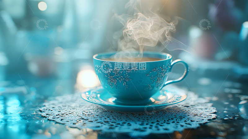 高清大图下载【趣麦麦图】蓝绿色陶瓷杯热气腾腾的咖啡