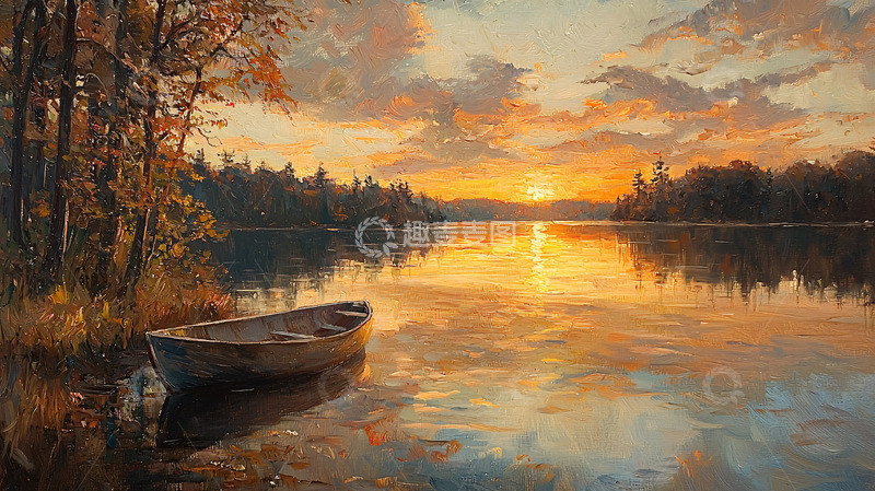高清大图下载【趣麦麦图】夕阳西下湖边小舟