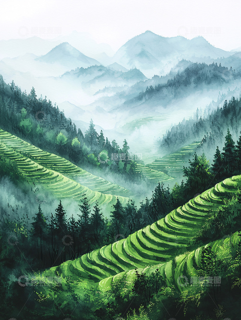 高清大图下载【趣麦麦图】绿色山水梯田水墨风光