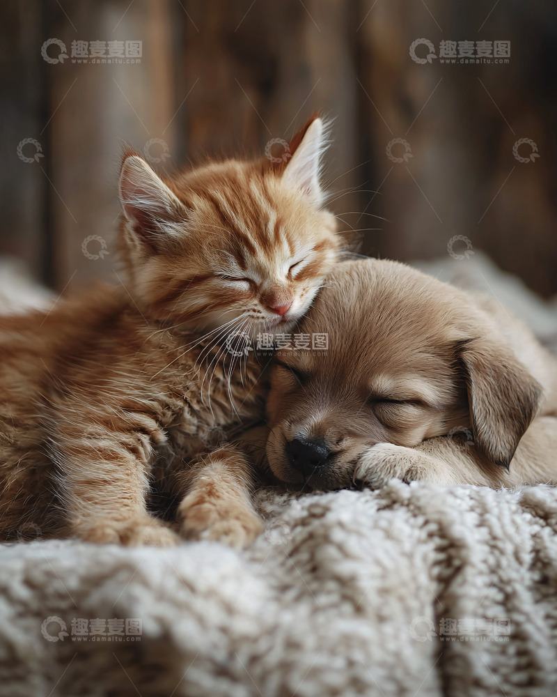 高清大图下载【趣麦麦图】小猫小狗依偎睡觉