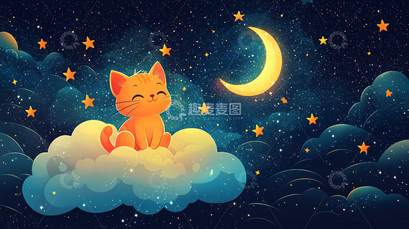 高清大图下载【趣麦麦图】小猫坐在云朵上看月亮