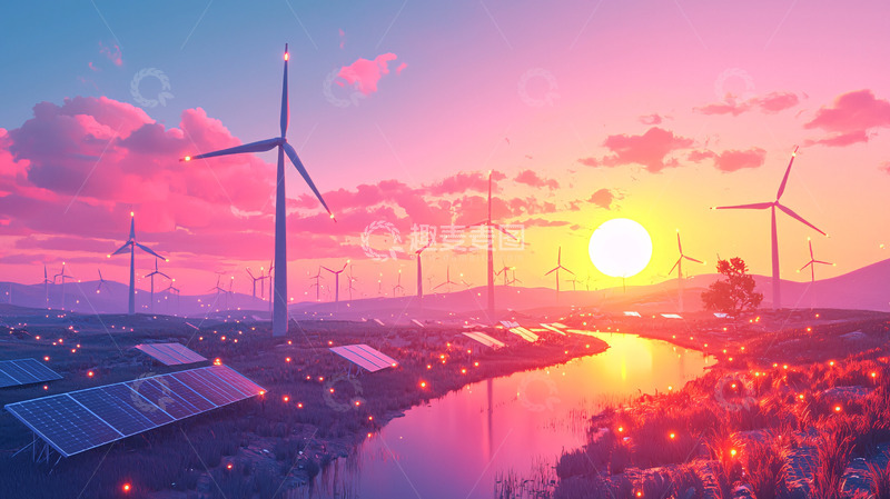 高清大图下载【趣麦麦图】日落风力发电场