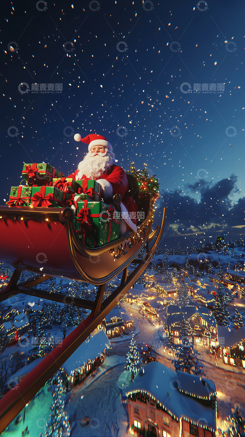 高清大图下载【趣麦麦图】圣诞老人驾雪橇送礼物