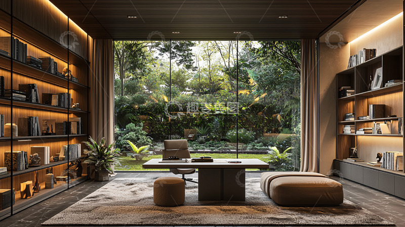 高清大图下载【趣麦麦图】绿意盎然的静谧书房