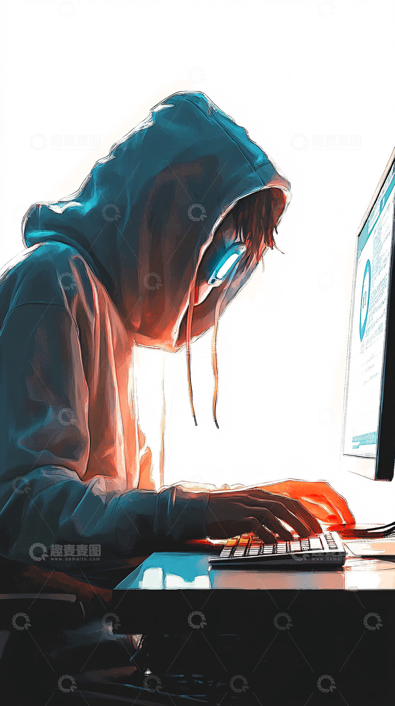 高清大图下载【趣麦麦图】戴帽衫的程序员