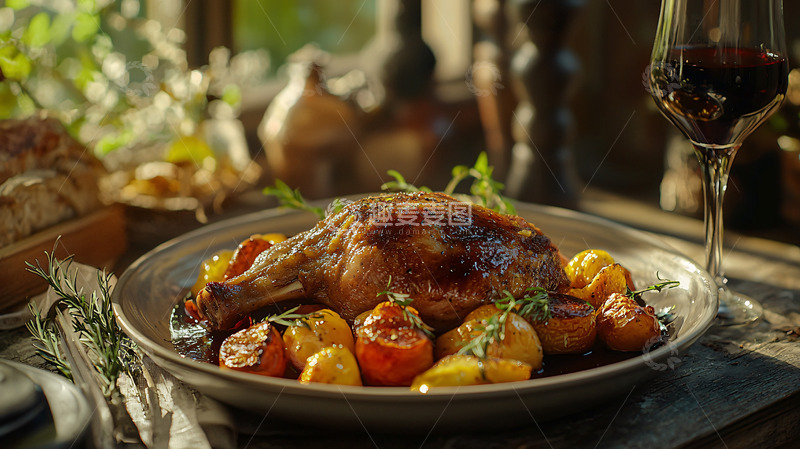 高清大图下载【趣麦麦图】烤鸡配土豆和红酒