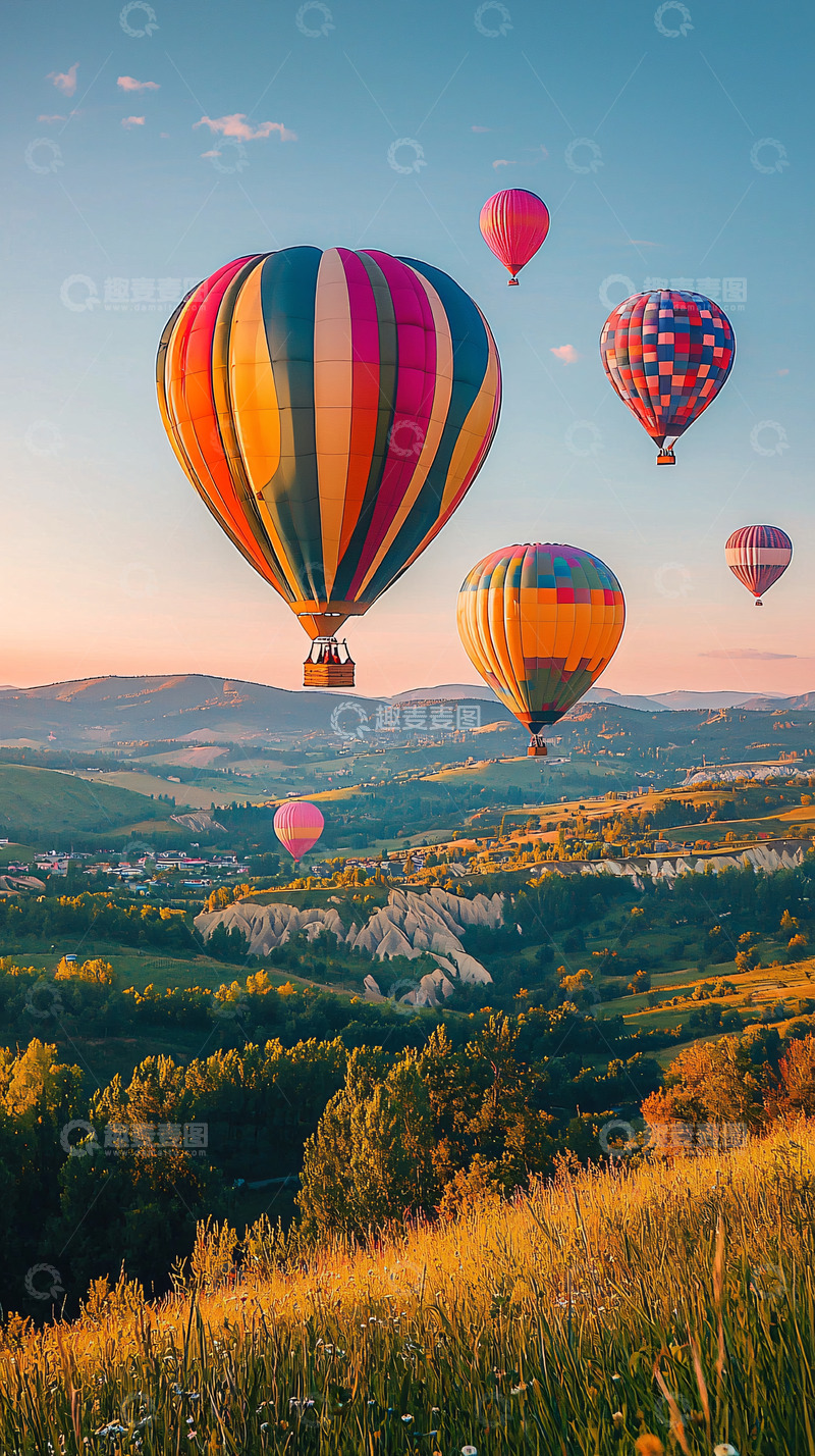 高清大图下载【趣麦麦图】热气球飞跃田野和山丘