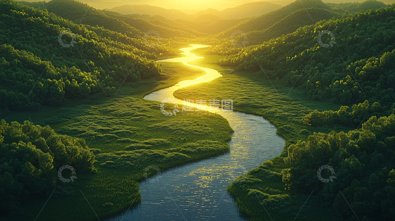 高清大图下载【趣麦麦图】阳光照耀下的蜿蜒河流