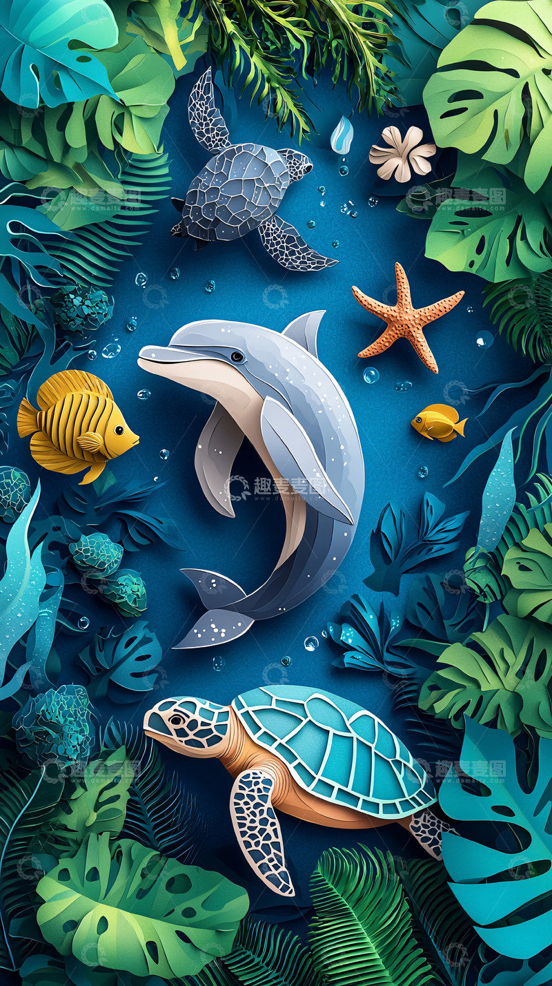 高清大图下载【趣麦麦图】卡通海洋生物群聚图