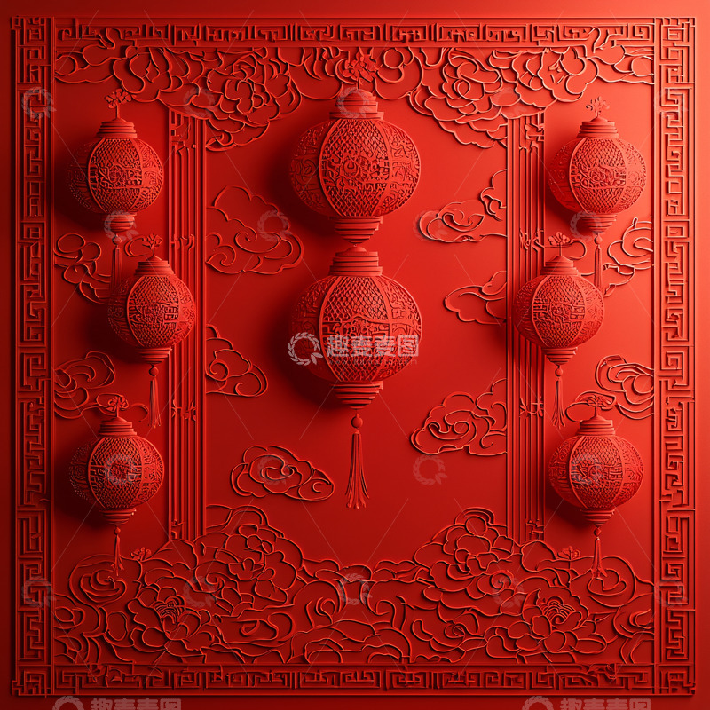 高清大图下载【趣麦麦图】红色背景下的灯笼图案