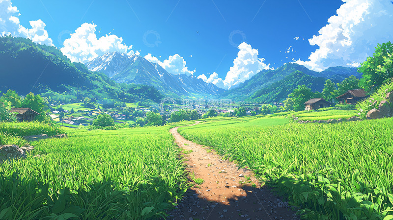 高清大图下载【趣麦麦图】阳光明媚的山谷田园风光