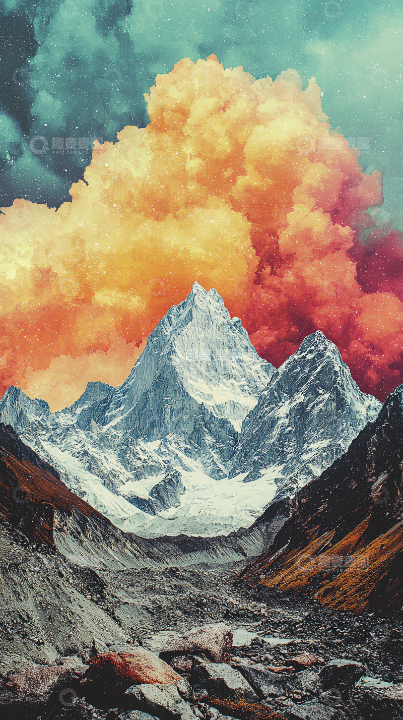 高清大图下载【趣麦麦图】彩色云朵下的雪山