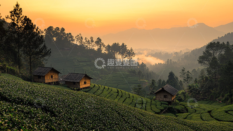 高清大图下载【趣麦麦图】山间木屋日出茶园