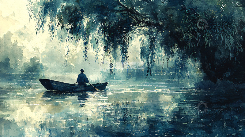 高清大图下载【趣麦麦图】清晨薄雾中独木舟