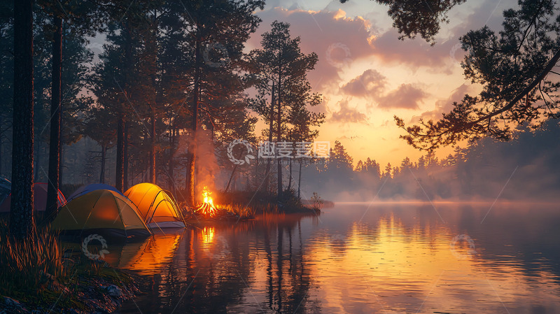 高清大图下载【趣麦麦图】湖边露营地日落时分