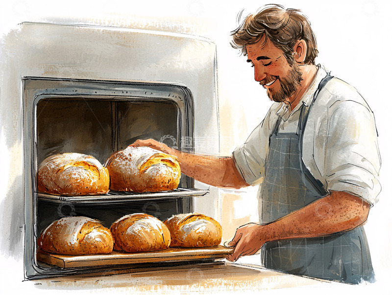 高清大图下载【趣麦麦图】烘焙师从烤箱里拿出面包