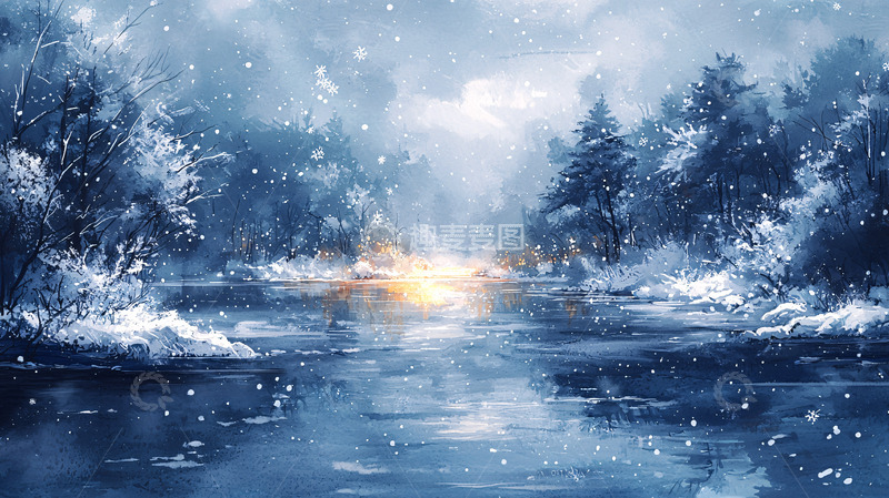 高清大图下载【趣麦麦图】冬日雪景森林河流