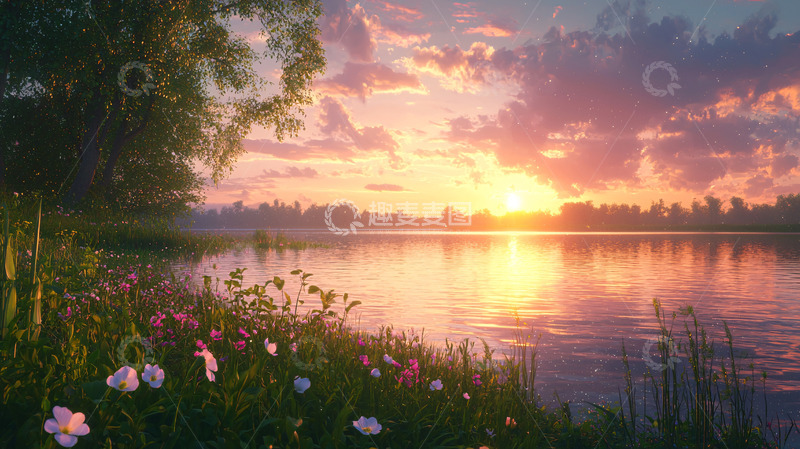 高清大图下载【趣麦麦图】日落湖边鲜花盛开