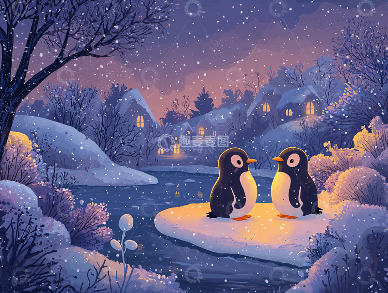 高清大图下载【趣麦麦图】雪夜企鹅小屋