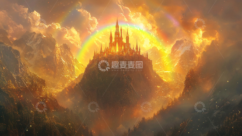 高清大图下载【趣麦麦图】山顶金色城堡日落景象